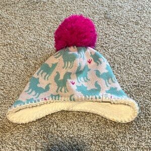THE NORTH FACE LITTLES FAROE BEANIE WITH TEAL FIX PATTERN AND PINK POM-POM